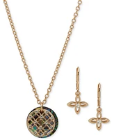 Anne Klein Gold-Tone Pave Filigree & Mother-of-Pearl Disc Pendant Necklace Drop Earrings Set