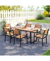 7 Pcs Acacia Wood Patio Dining Set 6 Armchairs and 69" Table with 2" Umbrella Hole