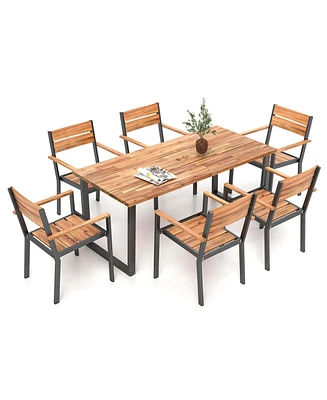 7 Pcs Acacia Wood Patio Dining Set 6 Armchairs and 69" Table with 2" Umbrella Hole