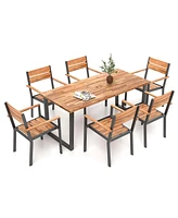 7 Pcs Acacia Wood Patio Dining Set 6 Armchairs and 69" Table with 2" Umbrella Hole