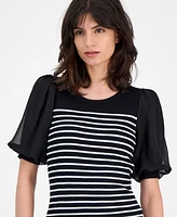 T Tahari Women's Striped Puffed-Sleeve Ribbed Top