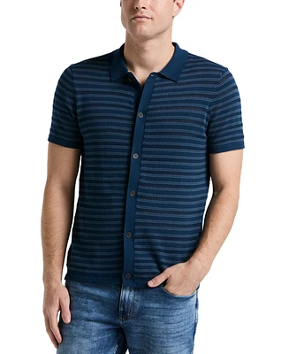 Perry Ellis Men's Jacquard Multicolor Short Sleeve Striped Button-Front Sweater