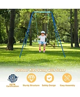 Outdoor Kids Swing Set with Heavy-Duty Metal A-Frame and Ground Stakes