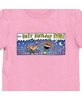 Dog Man "The Best Birthday Ever!" Comic Strip Youth Girl Pink Short Sleeve Tee-Large
