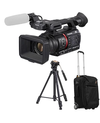 Panasonic Ag-CX350 4K Camcorder with 3-Section Aluminum Video Tripod with Fluid Head and BigBag Simple 15 Dslr Roller Bag