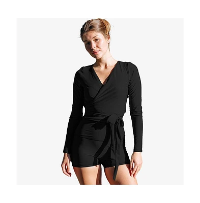 Calypsa Women's Avery 2-Piece Long Sleeve Wrap Swim Set With Reversible Top and Tummy Control Shorts
