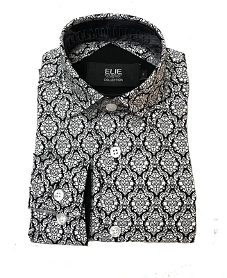 Elie Balleh Big Boys Black Floral Medallion Slim Fit Short Sleeve Shirt