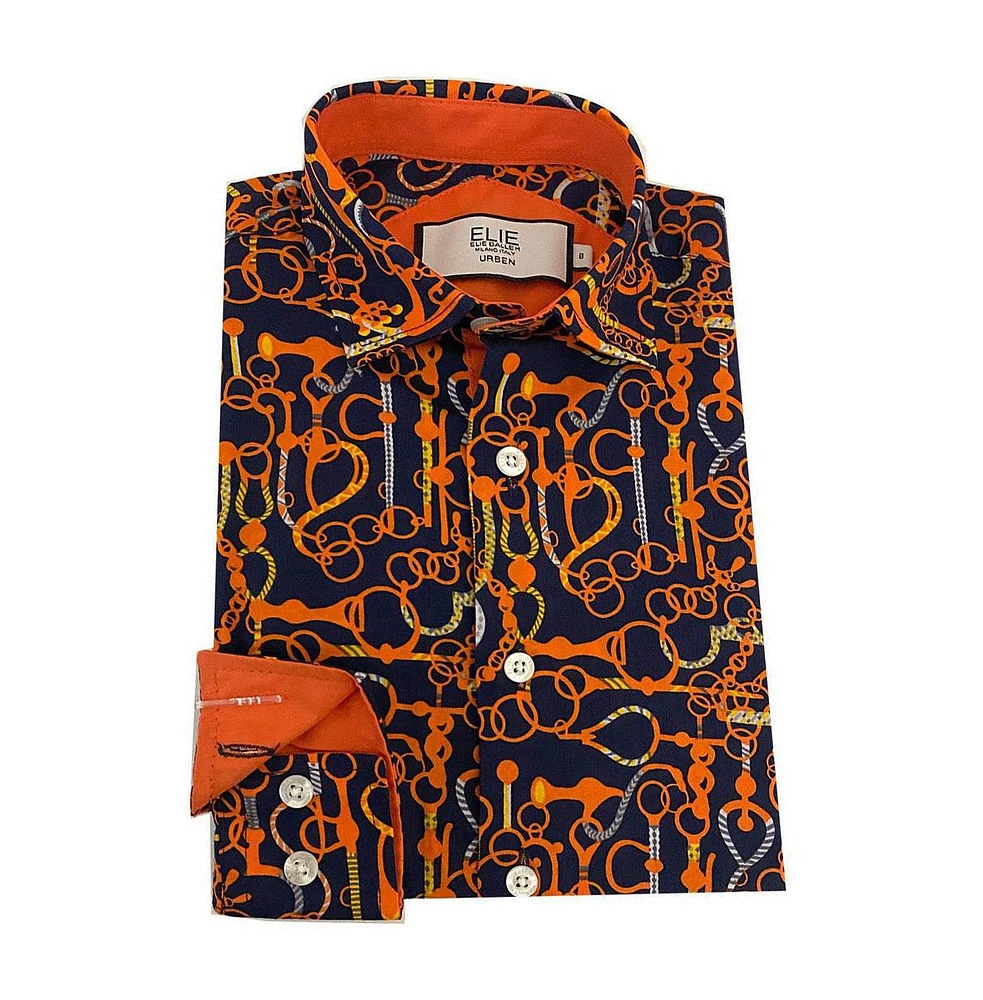 Elie Balleh Little Boys Navy Black Geometric Slim Fit Shirt