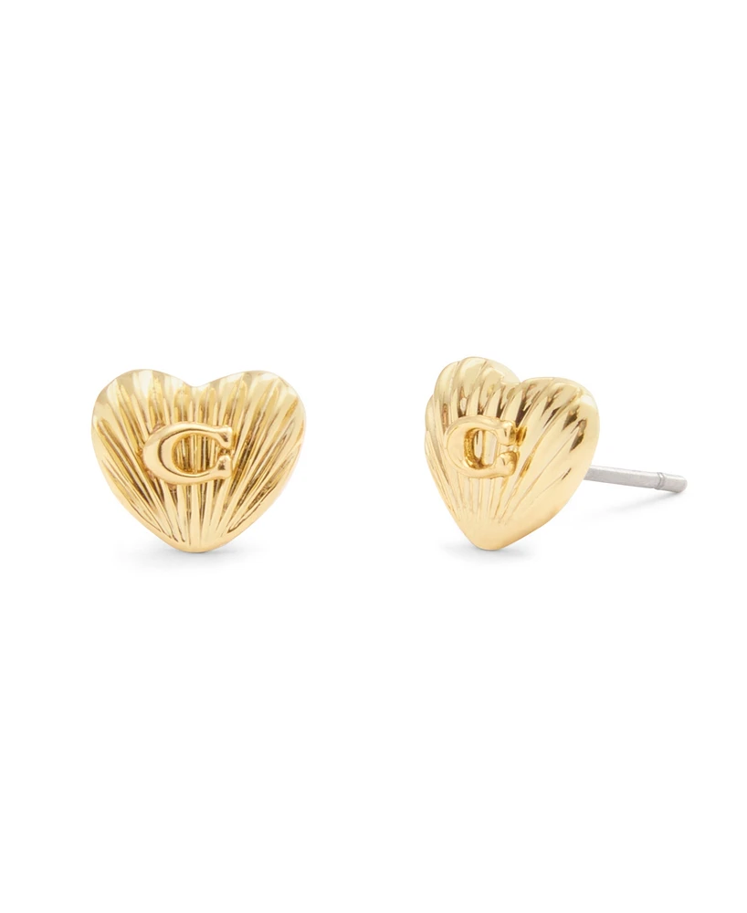 Coach Gold Signature Textured Heart Stud Earrings