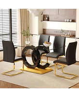 63" Glass Dining Set: Table & 4 Black Chairs, Gold Legs