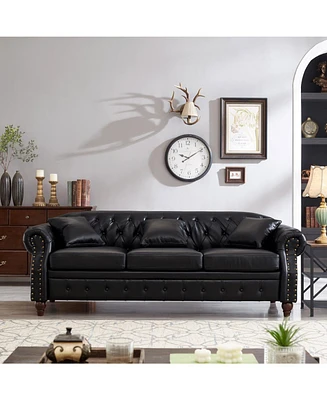 85.8" Chesterfield Sofa - Tufted Faux Leather - Black