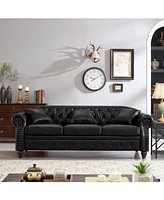 85.8" Chesterfield Sofa - Tufted Faux Leather - Black