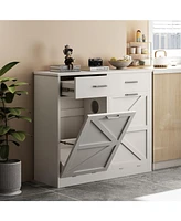 White Tilt Out Trash Cabinet with 2 drawer, Quick Installation and Deodorising Function, Wooden Freestanding Trash Can Cabinet Holds Up to 2x10 Gallon