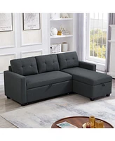 Upholstered Pull Out Sectional Sofa with Storage Chaise, Convertible Corner Couch, Dark Grey