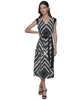 Karl Lagerfeld Paris Women's Geo-Print Belted V-Neck Midi Dress