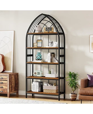 Tribesigns Tall Bookshelf, Industrial Curved Freestanding Display Shelf, Wood Storage Shelves with Metal Frame for Living Room