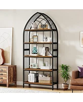 Tribesigns Tall Bookshelf, Industrial Curved Freestanding Display Shelf, Wood Storage Shelves with Metal Frame for Living Room