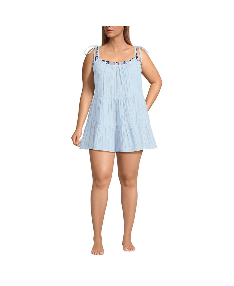 Lands' End Plus Cotton Gauze Metallic Tiered Mini Cover-up Dress