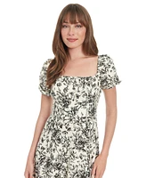 London Times Women's Puff-Sleeve Ruched Smocked-Back Empire Midi Dress