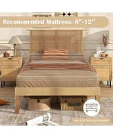 Gymax Twin Size Bed Frame w/ Rattan Headboard 10 Solid Wood Legs & 12 Wooden Slats