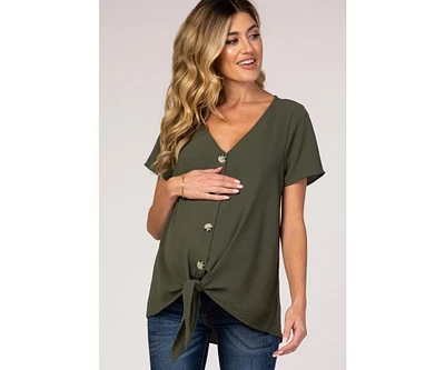 Pinkblush Maternity Light Olive Button Tie Front Top