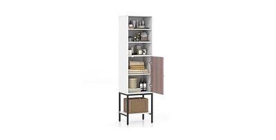 57 Inch Bathroom Tall Cabinet with 1 Door and 4 Shelves Narrow Storage Unit with Adjustable Shelves