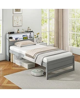 Gymax Twin Wooden Bed Frame w/ Charging Station & Led Light Storage Headboard