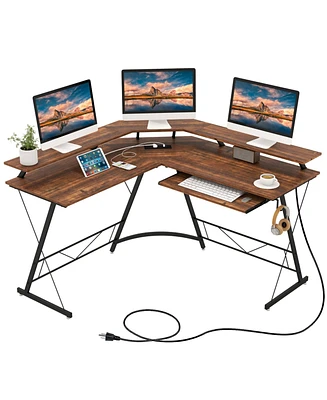 L-shaped Computer Desk with Power Outlet and Monitor Stand