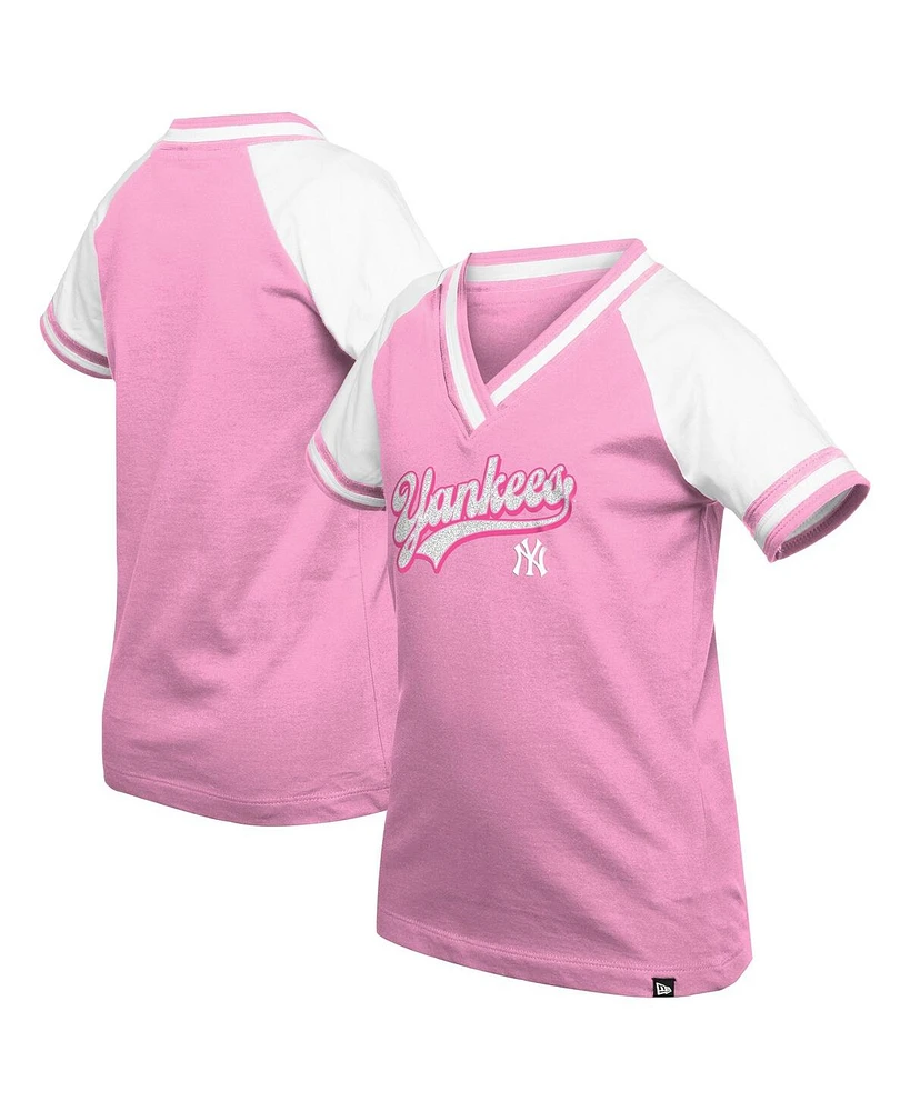 New Era Big Girls Pink York Yankees Mommy Me Raglan V-Neck T-Shirt