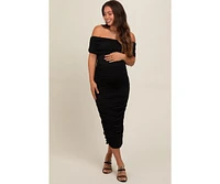 Pinkblush Maternity Black Off Shoulder Ruched Midi Dress
