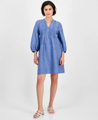 Charter Club Women's 100% Linen 3/4-Sleeve Pintuck Dress, Exclusively at Macy's