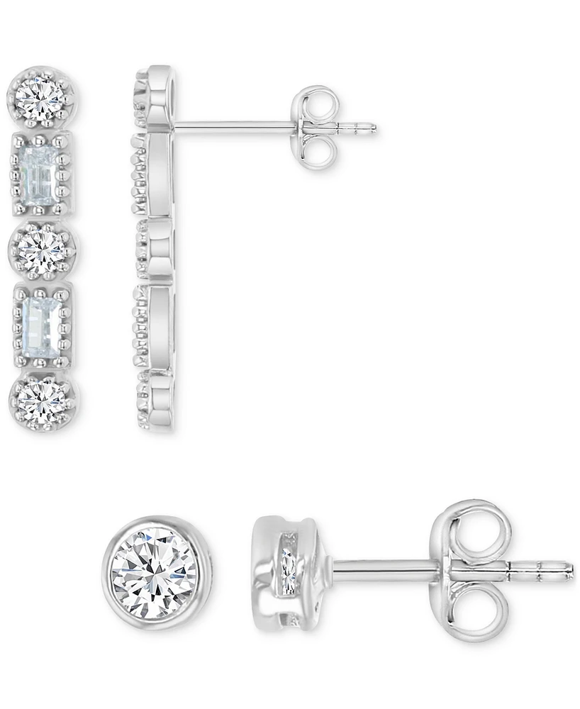 2-Pc. Set Cubic Zirconia Round & Baguette Solitaire Stud & Drop Earrings in Sterling Silver