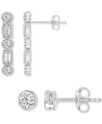 2-Pc. Set Cubic Zirconia Round & Baguette Solitaire Stud & Drop Earrings in Sterling Silver