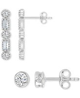 2-Pc. Set Cubic Zirconia Round & Baguette Solitaire Stud & Drop Earrings in Sterling Silver