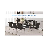 Elegant Glass Dining Set with Black Pu Striped Chairs (71"x35.4