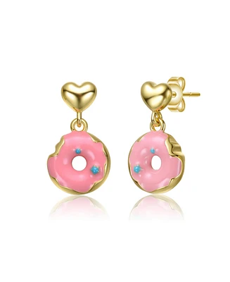 14K Gold Plated with Heart and Pink Donut Charm Earrings