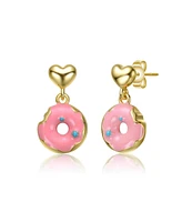 14K Gold Plated with Heart and Pink Donut Charm Earrings