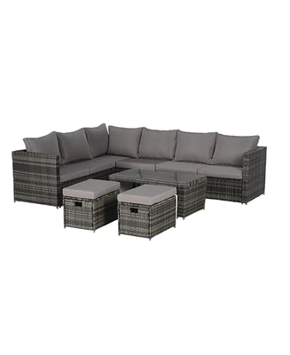 6-Piece Outdoor Patio Sectional Sofa Set with Glass Table, Cushions and Pillows for Backyard and Garden