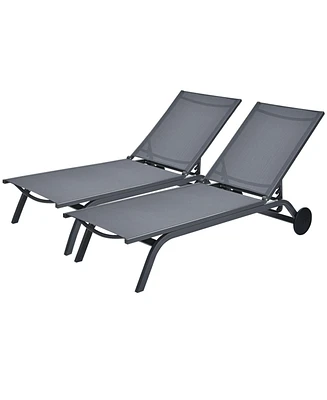 Gymax Set of 2 Patio Chaise Lounge Chair Aluminum Adjustable Recliner w/ Wheels