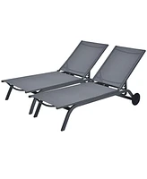 Gymax Set of 2 Patio Chaise Lounge Chair Aluminum Adjustable Recliner w/ Wheels