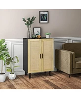Sideboard Buffet Cabinet, Kitchen Cabinet, Coffee Bar Cabinet with 2 Rattan Doors and Adjustable Shelves, Black and Natural