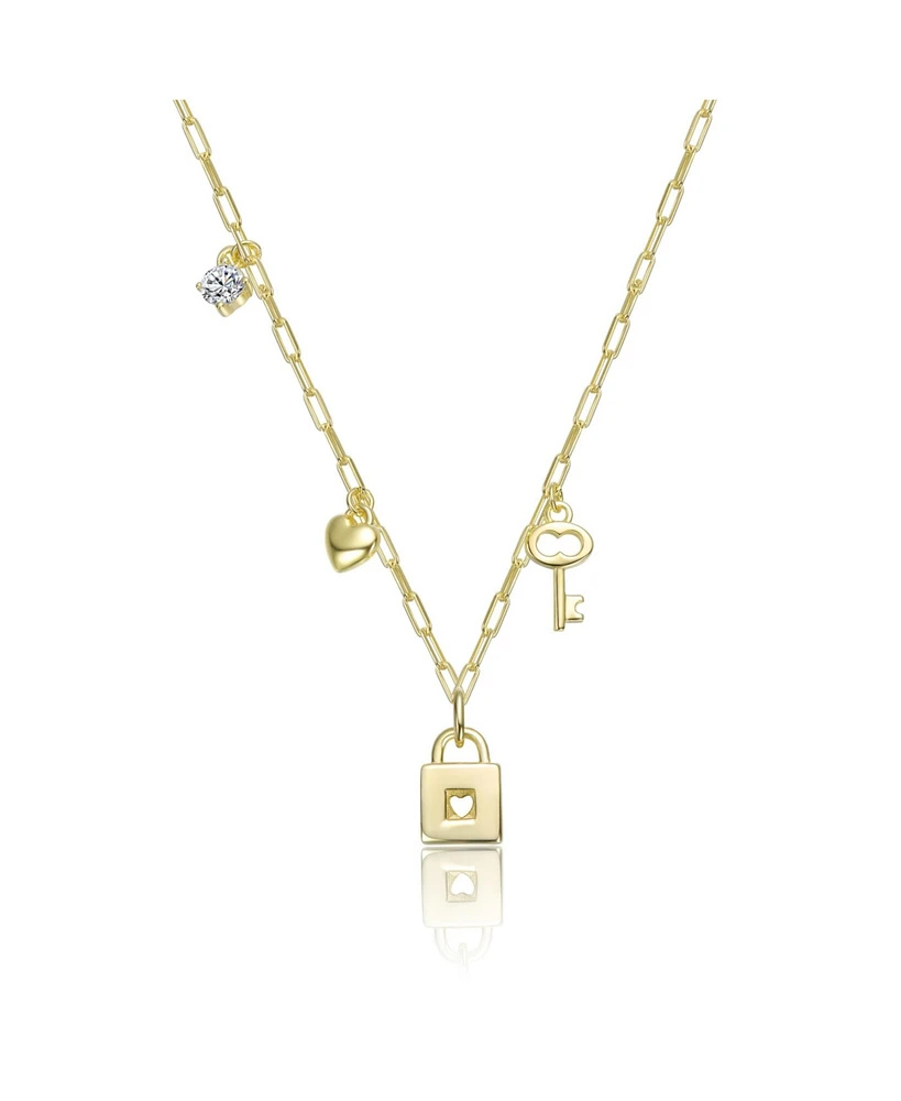 Kids 14K Gold Plated with "Clear Cubic Zirconia, Heart, & Key Charm" Lock Pendant Necklace