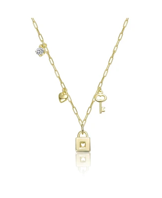 Kids 14K Gold Plated with "Clear Cubic Zirconia, Heart, & Key Charm" Lock Pendant Necklace