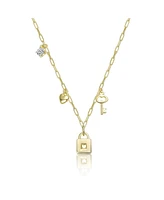 Kids 14K Gold Plated with "Clear Cubic Zirconia, Heart, & Key Charm" Lock Pendant Necklace