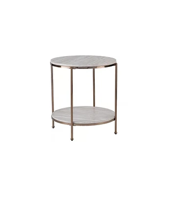 Faux Marble and Iron Round End Table with Shelf for Modern Living Room