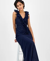 Alex Evenings Petite Ruffled V-Neck Sleeveless Mesh Gown