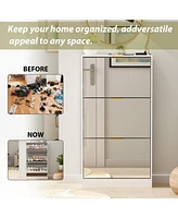 Wooden 3-door natural shoe cabinet,Mirror door panel, multi-purpose rack with metal handles