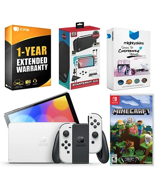 Nintendo Switch White Oled Console with Minecraft: Switch Edition, Surge Accessory Gaming Kit, MightySkins Console and Controller Skin Voucher, and 1