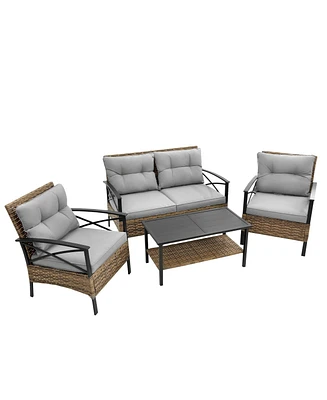 Mondawe Patio 4 piece sectional low dining conversation sofa set- Kd rattan wicker outdoor garden furniture corner sofa set with cushion.