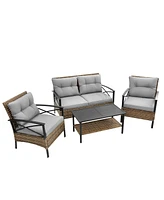Mondawe Patio 4 piece sectional low dining conversation sofa set- Kd rattan wicker outdoor garden furniture corner sofa set with cushion.